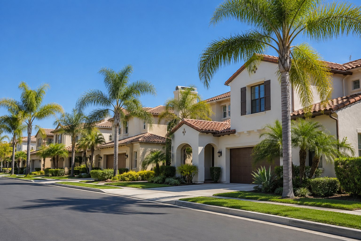 Homes along a palm lined San Diego street, illustrative